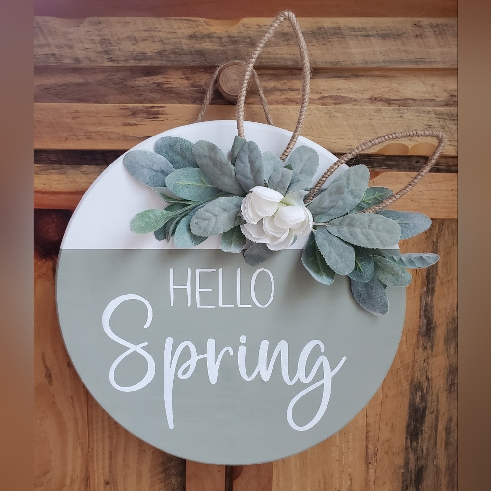 Handmade Wooden Rounds Sign Hello Spring Farmhouse Door Sign